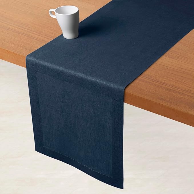 D'Moksha Homes Linen Navy Blue Table Runner 90 Inches Long - 100% Pure Linen 14 x 90 Inch Table Runner for Dining, Easter - Machine Washable