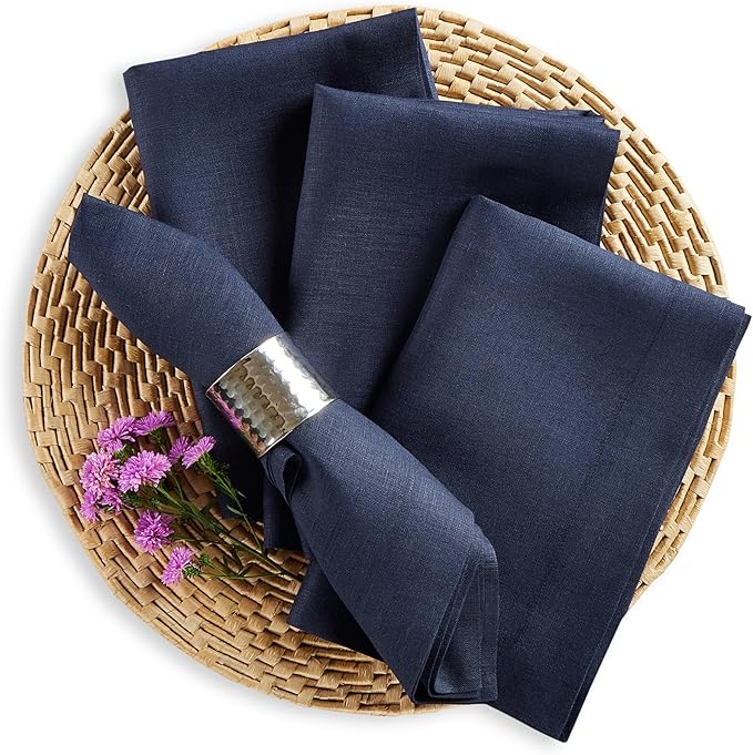 Solino Home Navy Blue Linen Napkins Set of 4 - 100% Pure Linen Dinner Napkins 20 x 20 Inch for Winter, Spring, Easter - Fete
