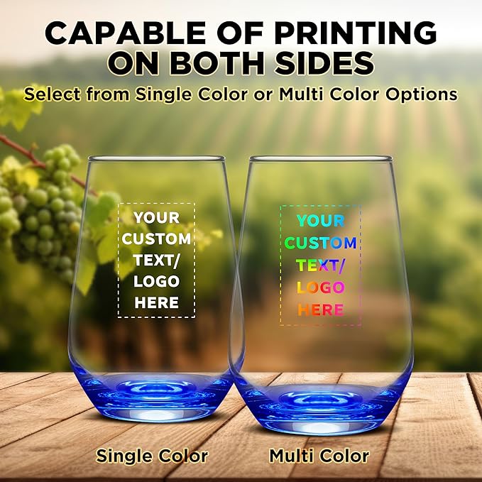 DISCOUNT PROMOS 100 Vaso Silicia Stemless Wine Glasses Set, 16 oz. - Personalized Text, Logo - Clear, Orb-Like, Thick base - Blue