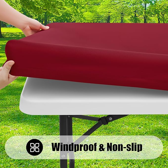 Smiry Rectangle Picnic Table Cloth, Waterproof Elastic Fitted Tablecloths for 4 Foot Tables, Washable Polyester Table Cover for Camping, Indoor and Outdoor (Wine Red, 30"x48")