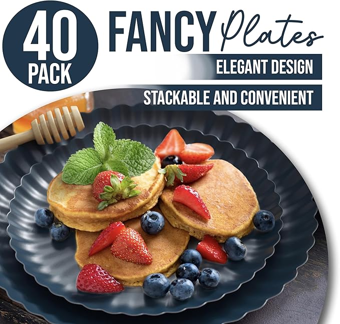 Trendables Scalloped Paper Plates 8.5 Inch & 10.5 Inch 40 Pcs Dinner Plate Set Fancy Disposable Plates for Party for 20 Guests 20 X 8 & 20 X 10 Large & Small Paper Plate Set for Parties Black Aqua