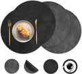 Round Placemats and Coasters Set of 4, Washable Reversible Faux Leather Placemats Cowhide Pattern Place Mats Wipeable Non-Slip 15 inch Round Kitchen Dining Table Mats (Gray Black, 4)