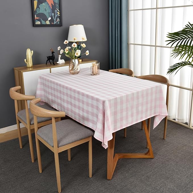 Gingham Table Cloth for Square Tables Pink Checkered Plaid Tablecloth Heavy Duty Cotton Blend Washable & Wrinkle Table Cover for Outdoor Kitchen Dining Picnic Camping (52x52 Inch)