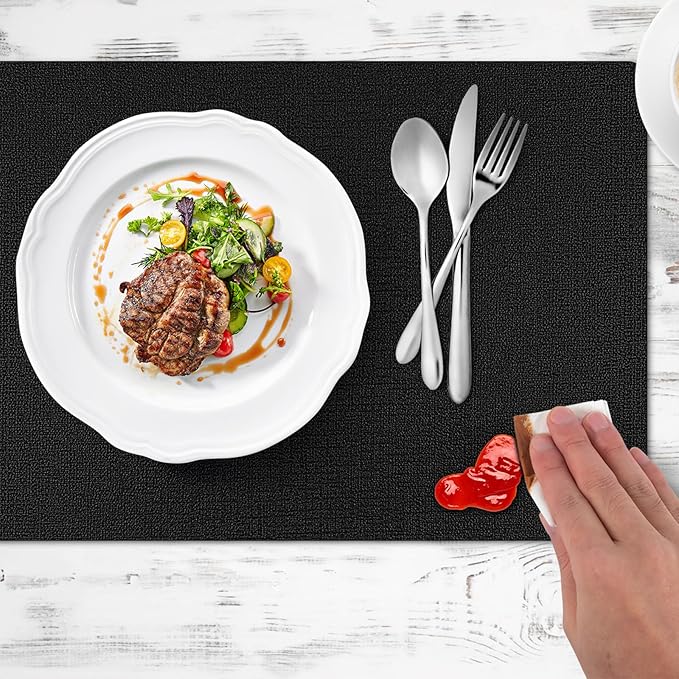 Placemats Set of 6 Washable, Heat Resistant Table Placemats Wipeable Faux Leather Place Mats Non Slip, Waterproof Square Table Mats for Indoor Outdoor, Black