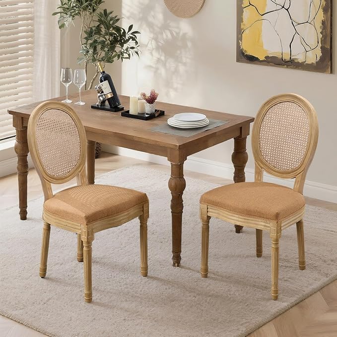 SoarFlash French Dining Chairs Set of 2, Vantage Dining Chair with Round Back, Wood Leg Farmhouse Country Rattan Dining Chair for Kitchen,Bedroom,Brown