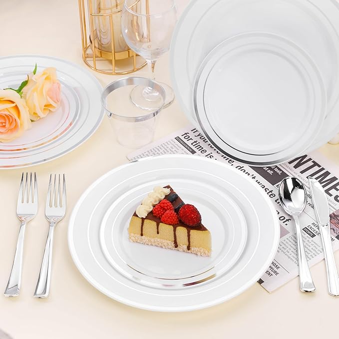BESTSTAR 100PCS White Plastic Plates for Party, 10.25 Inch Disposable Plates with Silver Rim, Heavy Duty Dinner Plates for Christmas, Wedding and Birthday