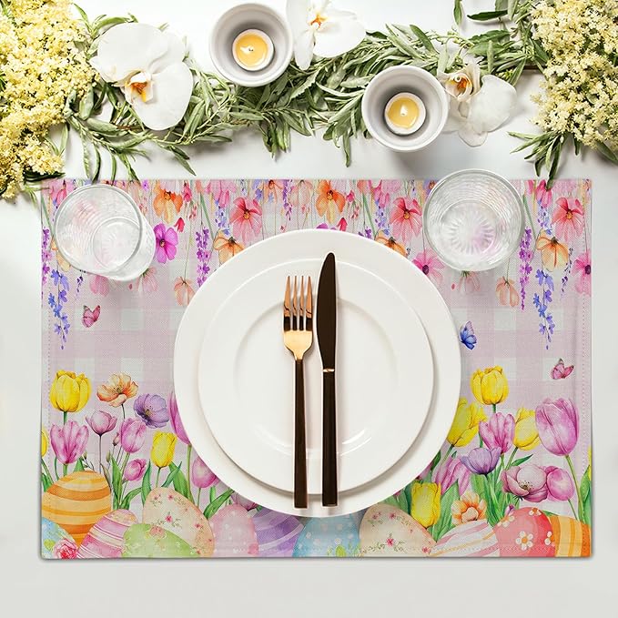 Spring Rabbit Bunny Placemats - Floral Easter Place Mat Set of 4 Buffalo Plaid Tablemats 12x18 for Party Kitchen Dining Pink