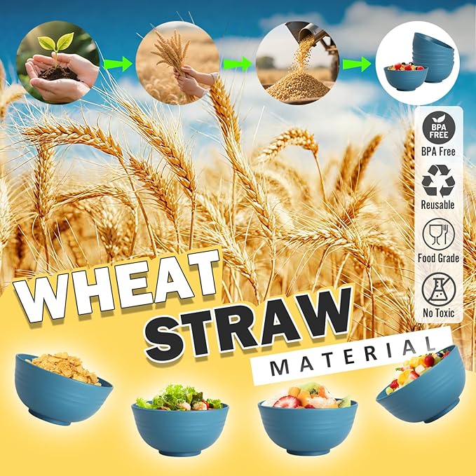 26 OZ Wheat Straw Bowls Set of 6, Reusable Plastic Kitchen Bowls, Unbreakable Bowls Set for Cereal, Salad, Snack, Soup, Ideal for Indoor & Outdoor, Microwave & Dishwasher Safe, Blue