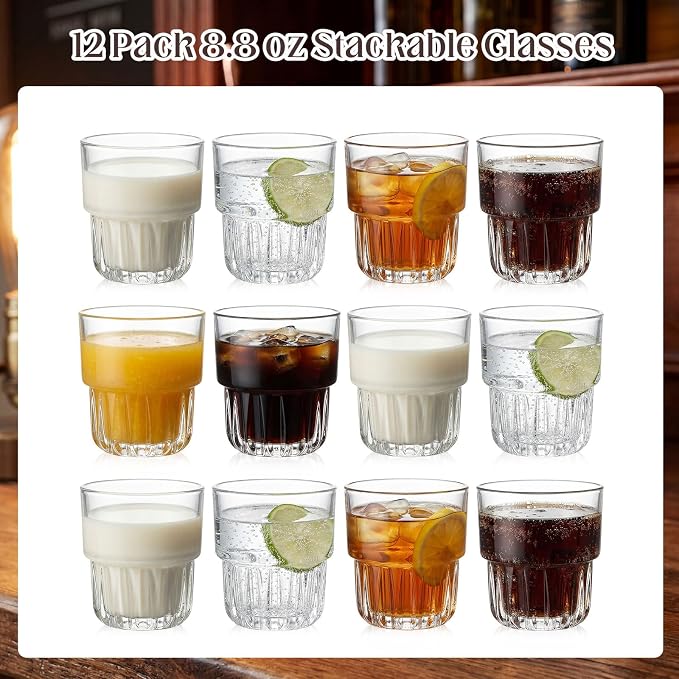 12 Pack Whiskey Glasses 8.8 oz Clear Drinking Glass Stackable Iced Latte Coffee - Image 2