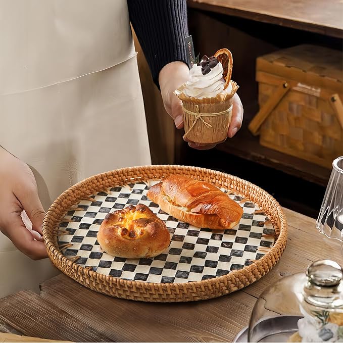 Round Rattan Tray with Mother of Pearl Inlay, Wooden Base | Coffee Table - Image 6
