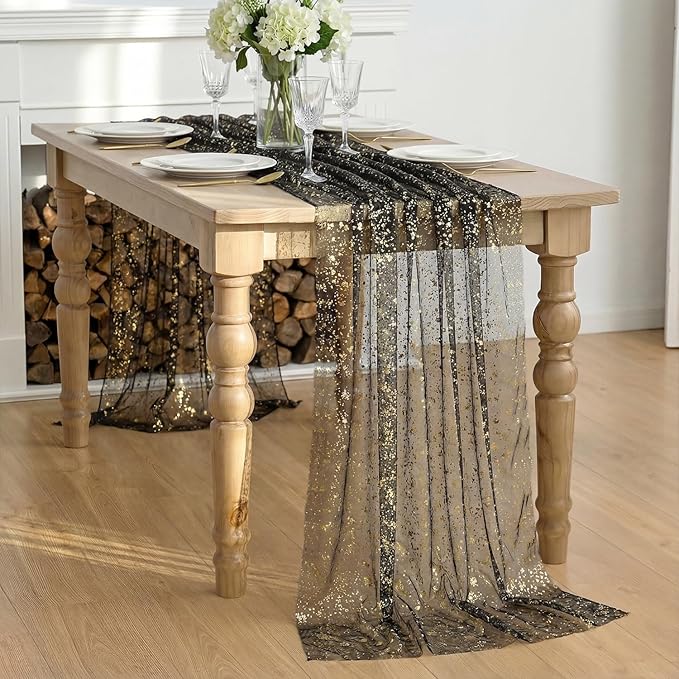 Artoid Mode Black Gold Gauze Table Runner 59x120 Inch 10FT, Glitter Metallic Foil Sheer Dining Wedding Anniversary Holiday Birthday Table Decor for Home Party