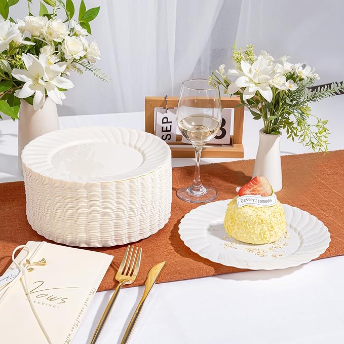 U-QE 100 Count 6 Inch Ivory Plastic Plates - Scalloped Dessert Plates Disposable - Premium Fancy Disposable Heavy Duty Party Supplies for Valentine's Day, Celebrations, Weddings and Events