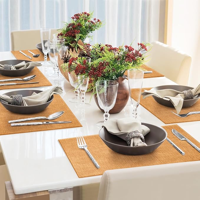 Faux Leather Placemats Set of 4 Washable PU Table mats for Kitchen Table - Heat Resistant, Waterproof, Easy Clean, Anti Slip 11.8" x 17" (Yellow-4 Pack)