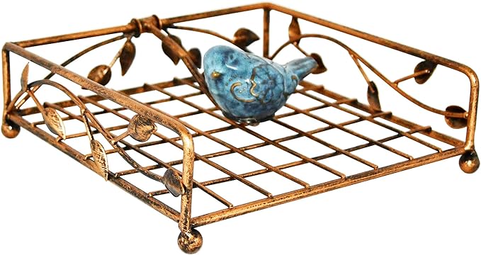 OwlGift Collection Bronze Coated Metal Flat Napkin Holder Dispensing Stand w/Ceramic Bird, Kitchen and Countertop Flat Napkin Storage Organizer