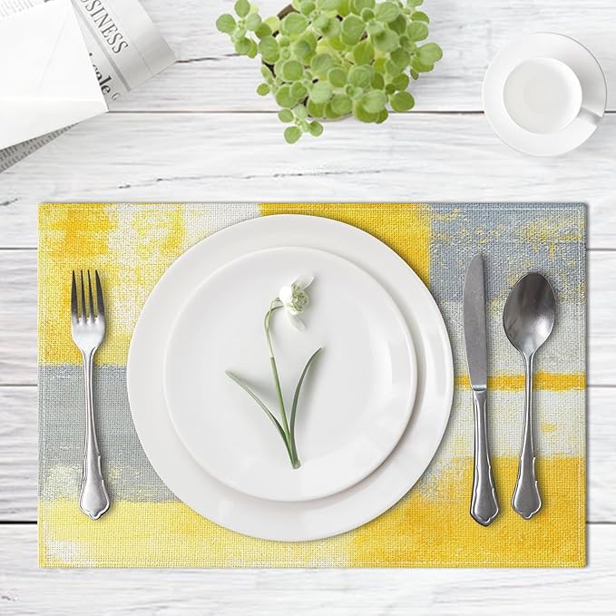 Emvency Farmhouse Placemats Set of 4, 12x18 Inch Modern Grey White and Yellow Art Painting Table Mats for Outdoor Home Party Kitchen Dining Decoration