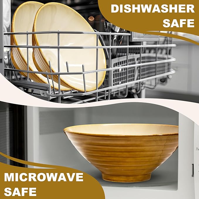 8-Inch 2 Sets Ceramic Ramen Bowl (8 Piece) - Japanese Porcelain Dishwasher Microwave Safe Salad Noodles Cereal Pasta Soup Large Bowls with Chopsticks Forks Spoons for Men Women Housewarming Gift