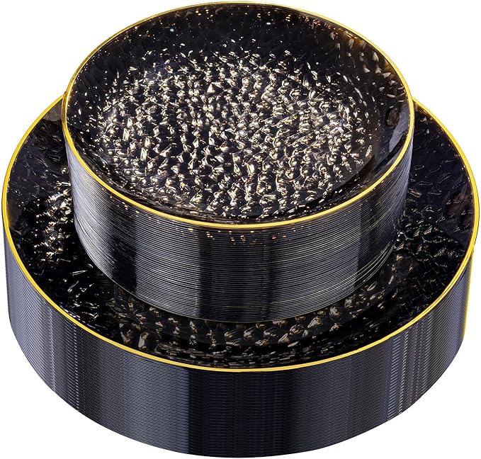 Rubtlamp 60Pcs Black Plastic Plates, Black Disposable Plates With Gold Rim, Clear Heavy-duty Party Plates, Hammered Plastic plates Include 30 Dessert Platos, 30 Dinner Platos for Party