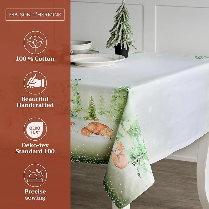 Maison d' Hermine Table Cloth Rectangle Table 100% Cotton 70 x 90 Inches Fall Tablecloth Reusable Everyday Use for Thanksgiving Christmas Decorations Dining Farmhouse Party (Winter Mornings)