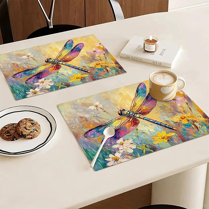 Dragonfly Placemats Set of 4, Dragonfly Flower Table Mats, Floral Washable Place Mats for Coffee Bar Home Party Indoor Kitchen Dining Table Decoration 12x18 Inch