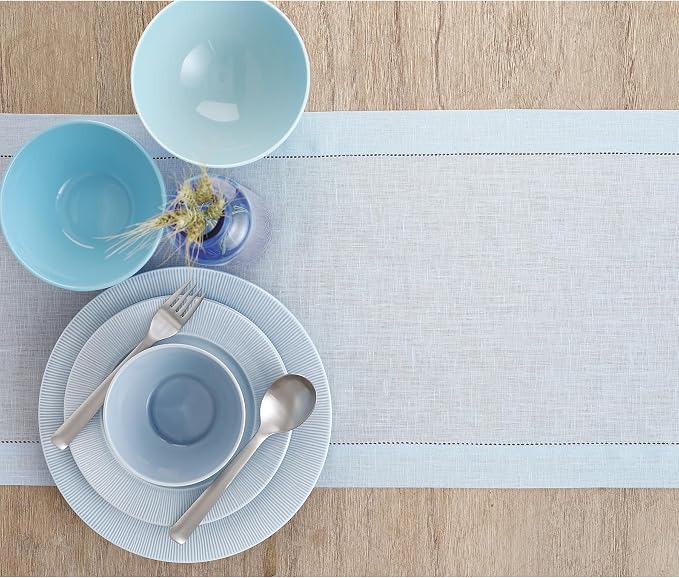 Solino Home 100% Pure Linen Table Runner Light Blue Hemstitch, 14 x 132 in | - Image 3
