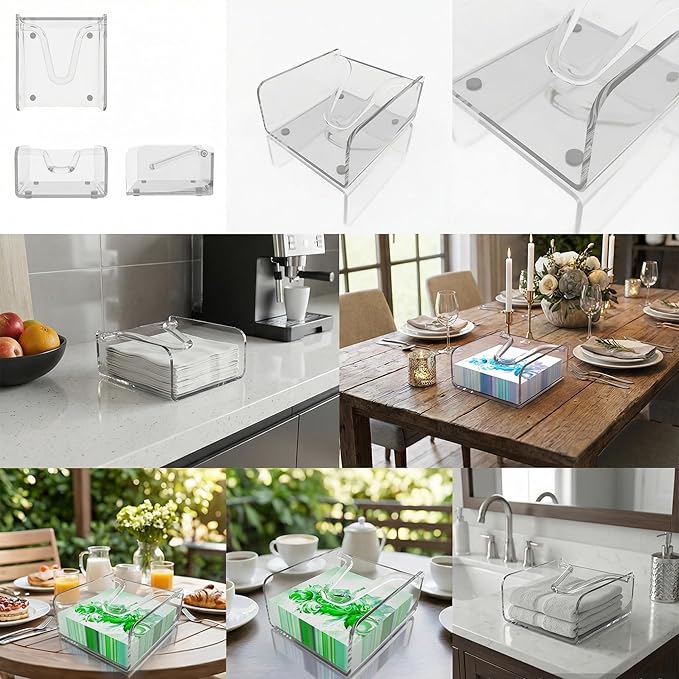 Clear Acrylic Gravity-Fed Napkin Holder with Weighted Arm, 6.5x6.5 Inch - Keeps Napkins in Place, Stable for Outdoor Dining Table & Patio