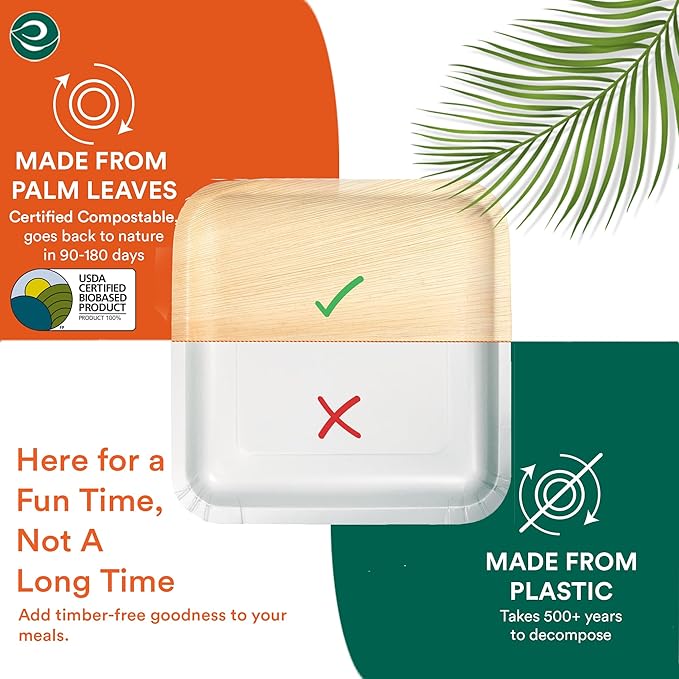 ECO SOUL Palm Leaf Plates 6" Square (100 Count) - Disposable, Eco-Friendly, Biodegradable Bamboo Appetizer Plates - Perfect Dinnerware for Parties, Weddings, Events & Holidays
