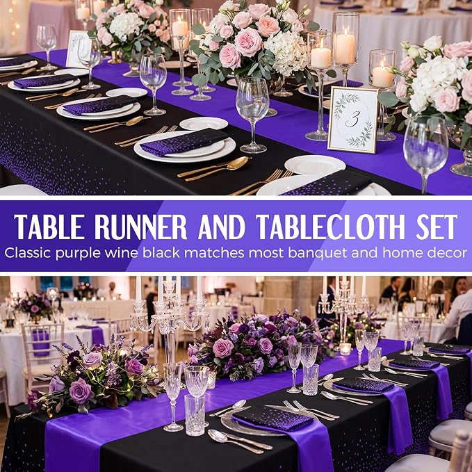 8 Pack Black and Purple Disposable Plastic Tablecloths and Satin Table Runner - Image 4