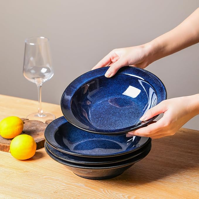 vicrays Wide Rim Soup Bowls - 27oz Ceramic Pasta Plates Bowl Set of 4 for Gumbo Salad Spaghetti Dipping Bread Dishes Home Restaurant Use - Microwave Dishwasher Oven Safe - Blue