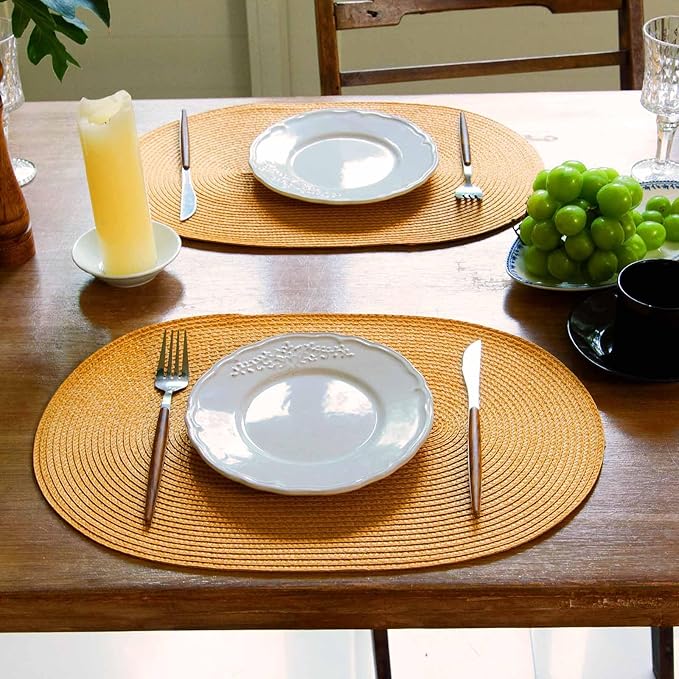 FunWheat Oval Braided Placemats Set of 6 Table Mats for Dining Tables Washable Heat Resistant Place Mats for Indoor Outdoor Use 12 x18 Inch(Oval Pumpkin, 6pcs)