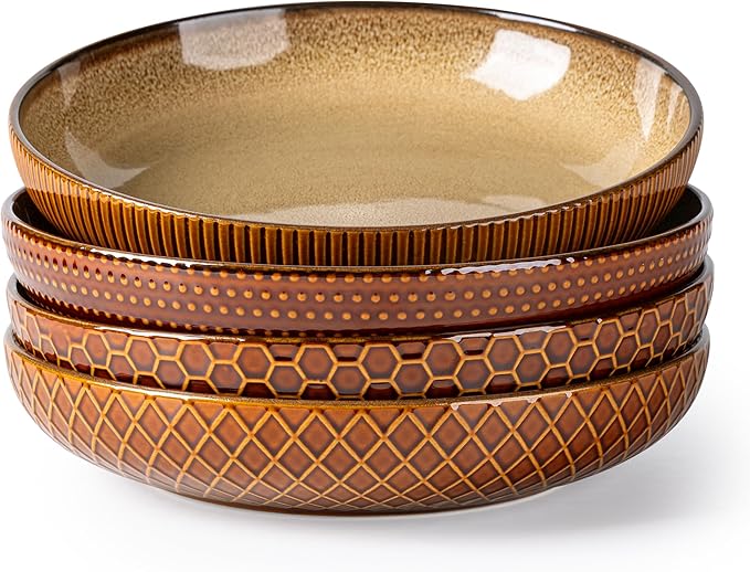 GBhome 9.5'' Large Pasta Bowls, 42 Ounce Stoneware Salad Bowls for Kitchen, Ceramic Serving Bowls With Textured Pattern for Pasta,Fruit, Stews,Noodle, House-warming Gift, Set of 4-Caramel
