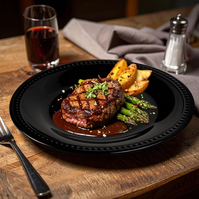 Melamine Beaded Dinner Plate Set of 6, 11inch, Black, BPA Free, Platter, Serving Dishes, Chip & Break Resistant, Lightweight, Durable, Great for Dining, BBQs, Picnics, Weddings & Everyday Meals