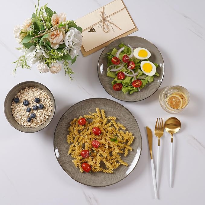 famiware Tempus Plates and Bowls Sets for 8, 24 Pieces Stoneware Dinnerware Sets, Dishes Set, Reactive Glaze Dishware Sets, Dishwasher & Microwave Safe - Dark Olive