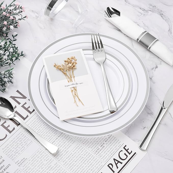 BESTVIP 525PCS Silver Plastic Dinnerware Set for 75 Guests, Disposable Plates for Party, Include: 150 Plastic Plates, 75 Pre Rolled Napkins with Silver Silverware, 75 Cups for Christmas