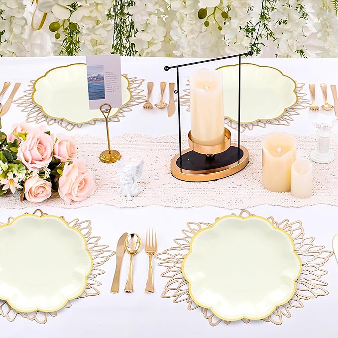 24 Pcs Beige Party Plates Cream Dessert Paper Plates 7inch Gold Foil Scalloped Edge Disposable Cake Plates for Birthday Bridal Baby Shower Wedding Party Supplies