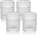 Vintage Dot-Pattern Drinking Glasses Set of 4 – 14.5 oz Clear Short Glass Cups – Embossed Textured Glassware with Anti-Slip Grip, Water Juice Soda Cocktail Tumblers – Thick Glass, Dishwasher Safe