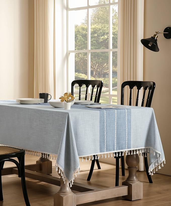 ZeeMart Contrast Linen Table Cloth Rectangle Table Cloths 52x70 Inch Blue, Farmhouse Style Heavy Weight Blue Tablecloth, Water Resistant Burlap Tablecloths