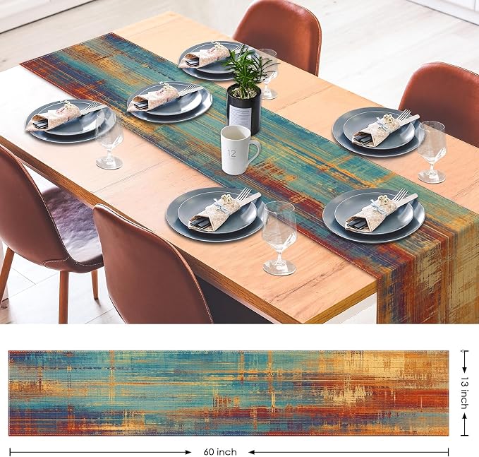 Emvency Table Runner, 13x60 Inch, Abstract Vintage Blue | Rust Painting Dining - Image 2