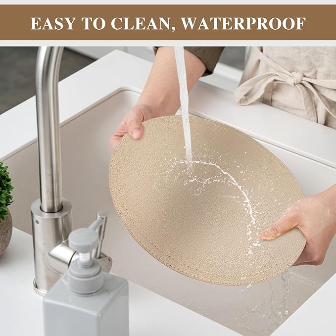 Set of 6 Faux Leather Gold Round Placemats and Coasters, Coffee Mats Kitchen Table Mats, Waterproof, Easy to Clean for Kitchen Dining Round Table