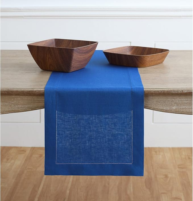 Solino Home 100% Pure Linen Table Runner Blue, Classic Hemstitch 14 x 90 in | by SolinoHome