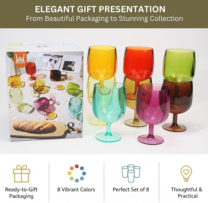 Colored Plastic Wine Glasses Set of 8, Acrylic Short Stem Goblets | 8.5 oz - Image 5