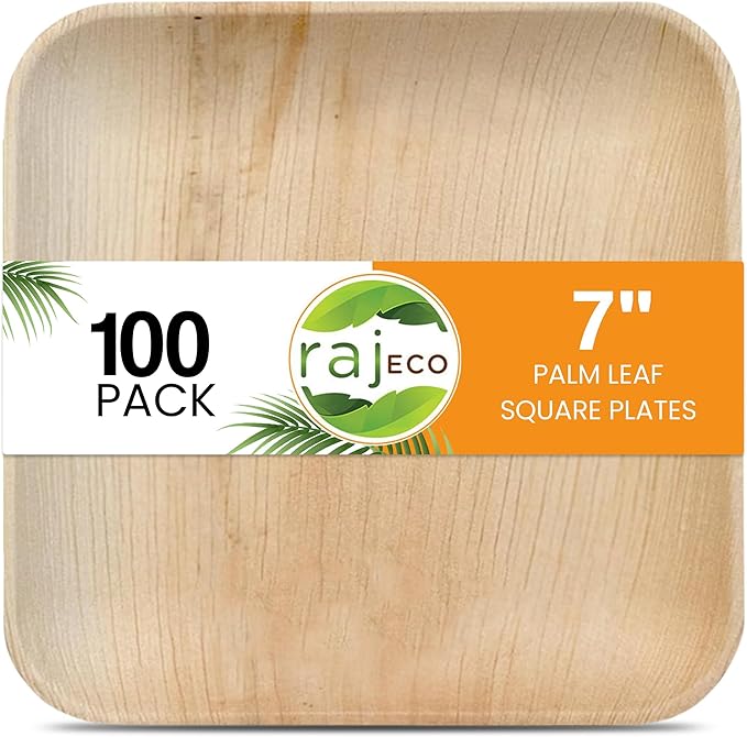 Raj Palm Leaf Plates [100-Pack] 7" Square Plates like Bamboo plates Disposable, Strong, Decorative Compostable Tableware for wedding, Lunch, Dinner, Birthday, Camping, Outdoor BBQ, Picnic