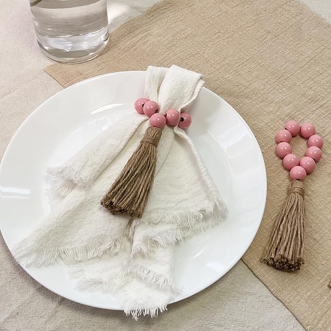 Valentine's Day Napkin Rings Set of 12,Wooden Napkin Ring,Wood Bead Elastic Farmhouse Napkin Holder with Tassel,Boho Napkin Rings for Table Decor,Weeding,Dinner,Party (Pink)
