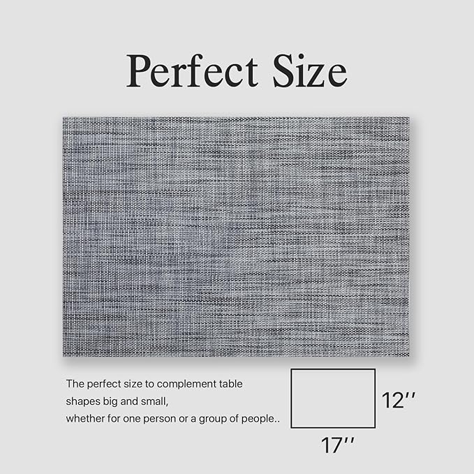 Placemats Set of 6 - Easy Clean Woven Vinyl Placemats for Dining Table, Indoor/Outdoor Place Mats, Washable PVC Table Mats（Dark Gray）