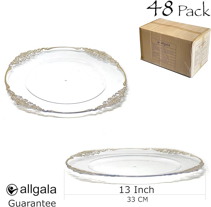allgala Heavy Quality Round Charger Plates - Charger for Dinner Plates - Set of Charger Plates for Table Decor - Ideal for Weddings, Weddings, Thanksgiving Parties & Holidays - Clear (13-Inch 48-Pack)