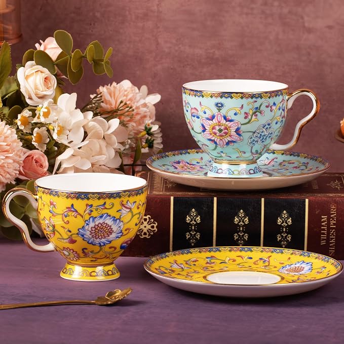 KAMMAK Tea Cup and Saucer, Ceramic Coffee Cups, 7.4 oz, Afternoon Tea and - Image 7