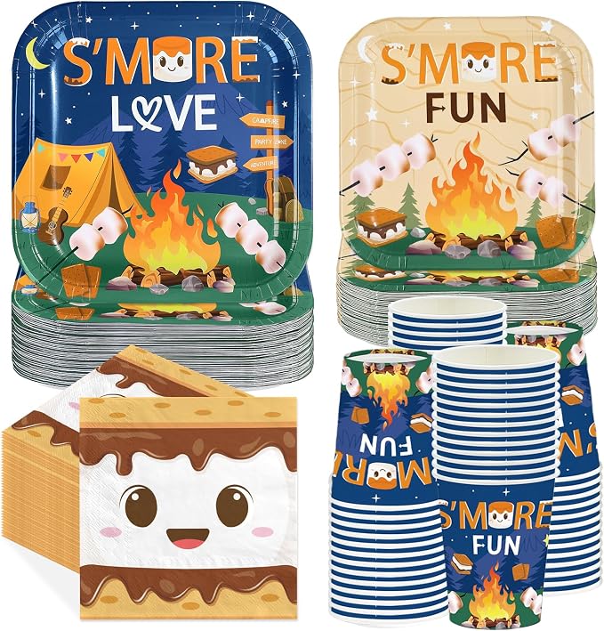 250Pcs S' Mores Camping Party Plates Supplies ，Serves 50 | S' More Love Fun by Greencian
