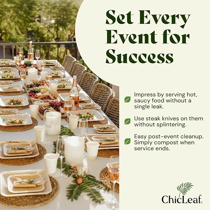 Chic Leaf Palm Leaf Disposable Bamboo Plates - Square Party Plates for Weddings, Parties, Event Appetizers - Biodegradable & Compostable - Romantic Dinner for 2 Party Supplies (10", 100 Pack)