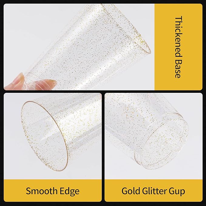 Goodluck 9 oz 200 PCS Gold Glitter Plastic Cups, Disposable Glitter Cups, Elegant Plastic Cocktail Glasses, Fancy Party Cups for Wedding, Birthday, Holiday