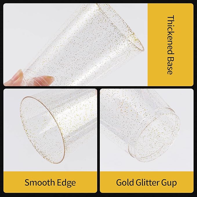 Goodluck 14 oz 100 PCS Gold Glitter Plastic Cups, Disposable Glitter Cups, Elegant Plastic Cocktail Glasses, Fancy Party Cups for Wedding, Birthday, Holiday