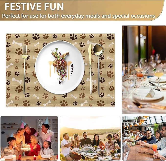 Dog Cat Paw Print Bones Placemats Set of 6,12x18 Inch Table Mats for Kitchen Table Washable Farmhouse Linen Table Mats Dining Decoration